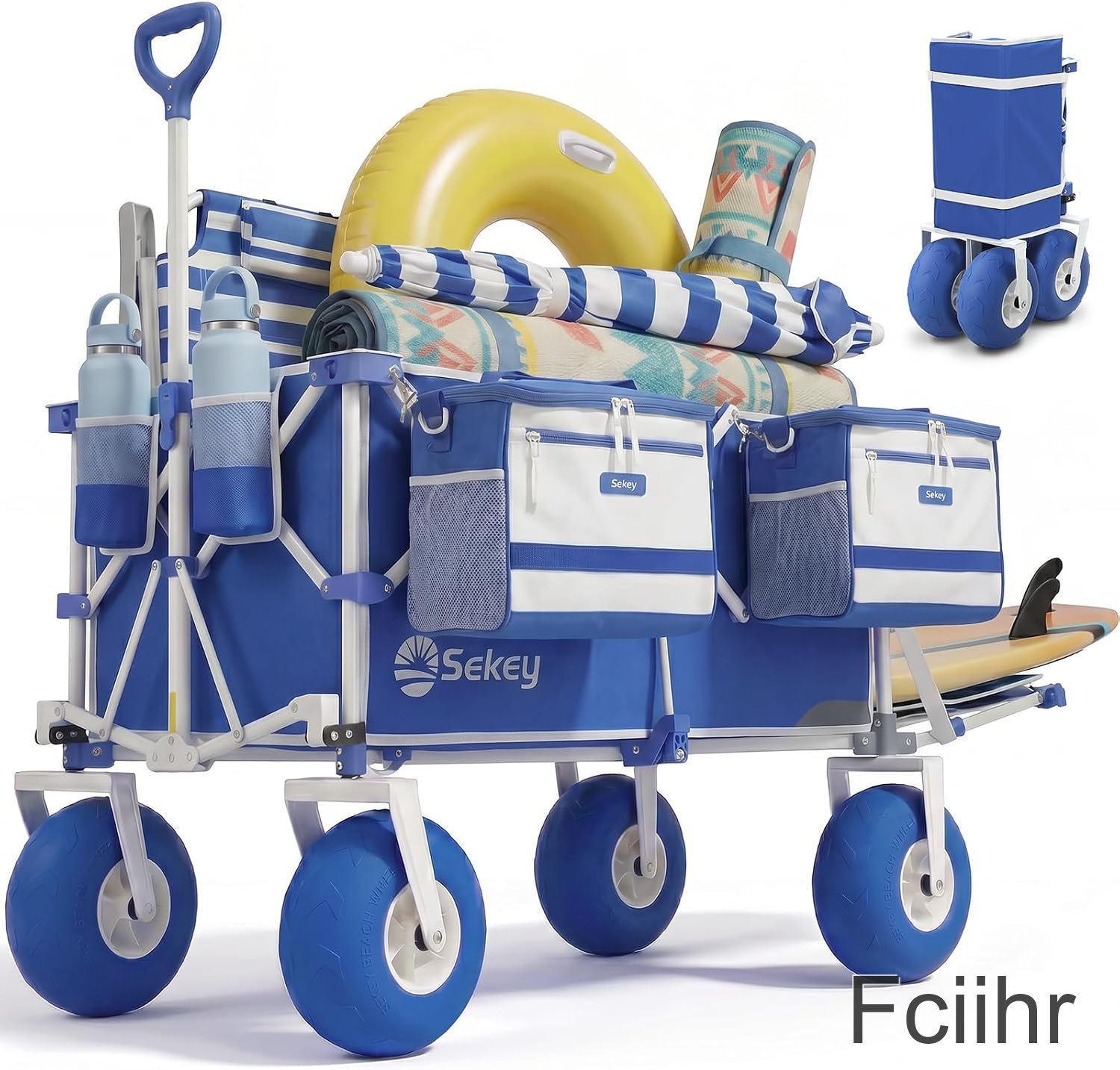 Fciihr Sekey Heavy Duty Beach Wagon with 9" Big Sand-Proof Wheels, 300L Oversized Foldable Beach Cart with Cooler| Adjustable Handle & Balloon Tires for Sand, Camping,Vacation